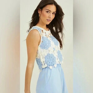 Altar'd State Cara Crochet Tank Top White and Blue